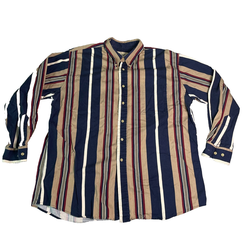 Vintage 90s Links Edition Button Down Shirt Mens XL Vertical Stripe Navy Taupe